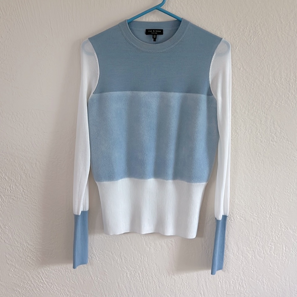 NWOT Rag & Bone fine spin wool/viscose blue/white sweater, needs repair-see pics